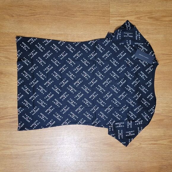 Tommy Hilfiger Women's V Neck All Over Logo Printed T Shirt Tee Navy Large L - Picture 4 of 6